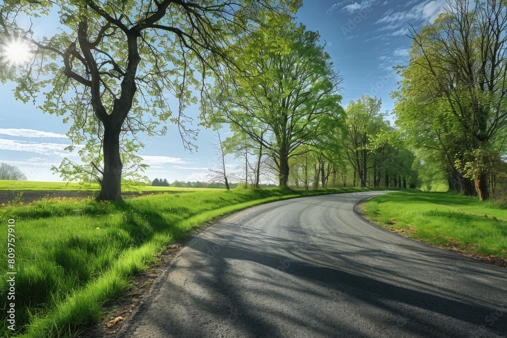 Fototapeta premium A road with trees on either side and a bright sun shining on it