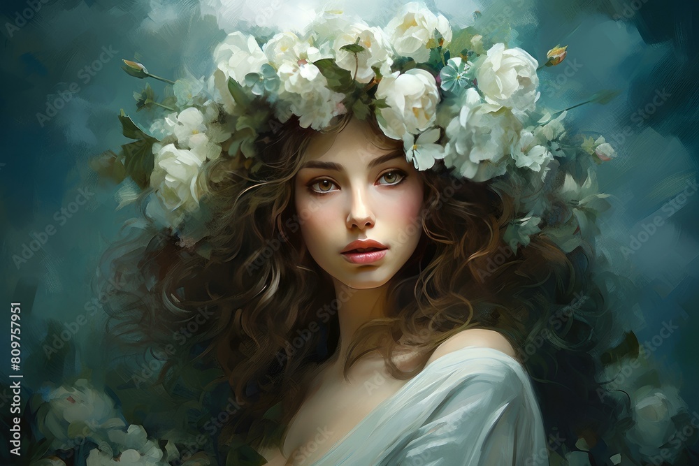 Empowered Serene woman flower crown. Crown model hair beauty face. Generate Ai