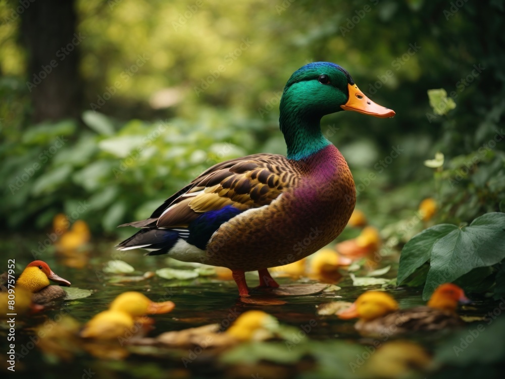 Obraz premium A colorful duck standing amongst green leaves