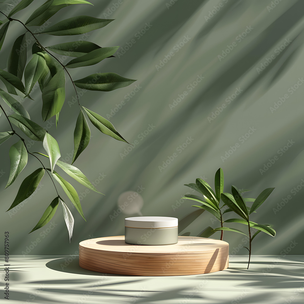 
Minimal cosmetic light Olive green background and premium podium display for product presentation branding and packaging presentation. studio stage with shadow of leaf background. 