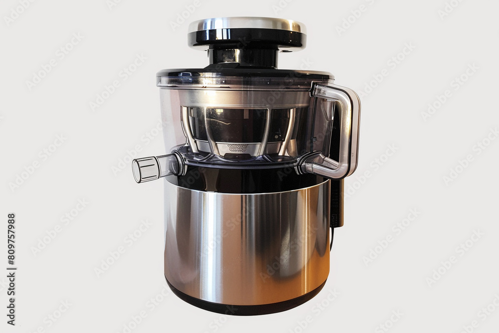 A high-capacity juicer with a stainless steel body and an extra-large feed tube isolated on a solid white background. A high-capacity juicer with a stainless steel body and an extra-large feed tube isolated on a solid white background.
