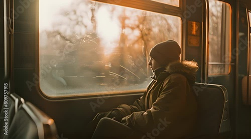 Man was daydreaming sitting on a train seat and looking out the window with a little sunlight hitting her cinematic footage photo