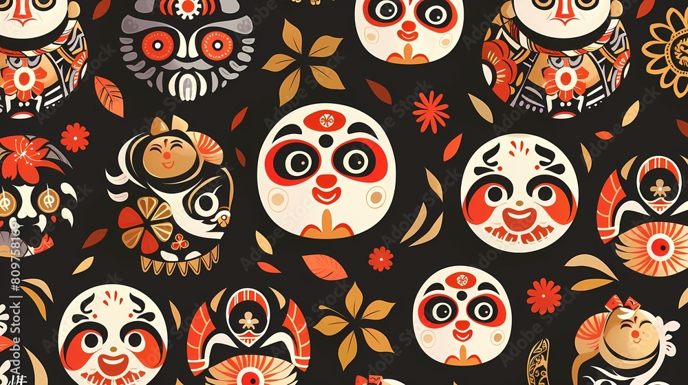 Colorful pattern of stylized folk art skulls and florals