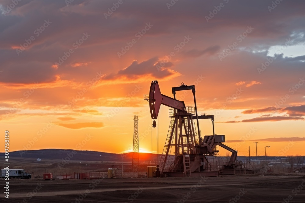 A Oil drilling machine in the desert, Industry, energy industry, gas station at sunset