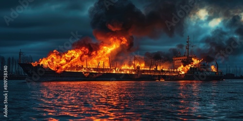 A large ship is on fire in the ocean © Alexandr