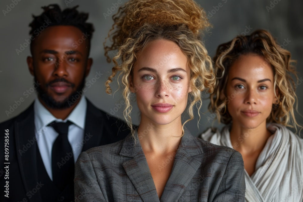 A diverse group of three people in formal business attire facing the camera, conveying professionalism and confidence A diverse group of three people in formal business attire facing the camera, conveying professionalism and confidence