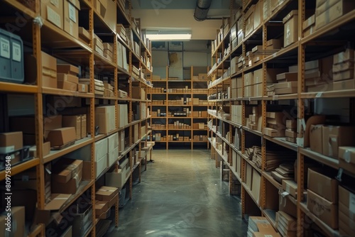 A large warehouse with many shelves of boxes