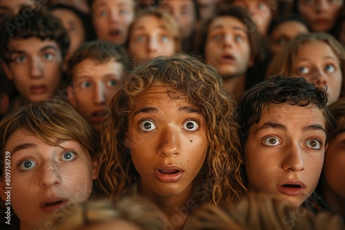 A group of teens look up with expressions of astonishment, their eyes wide and faces full of intrigue and surprise