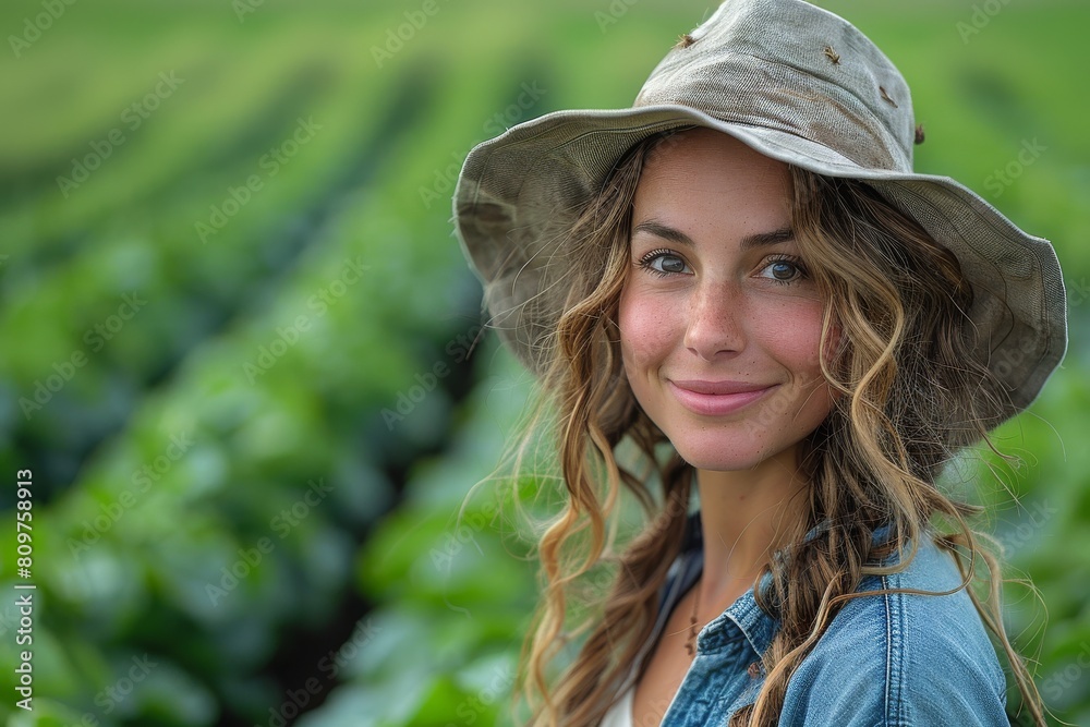 A jovial woman smiling in a farm field, sporting a stylish hat and a denim jacket