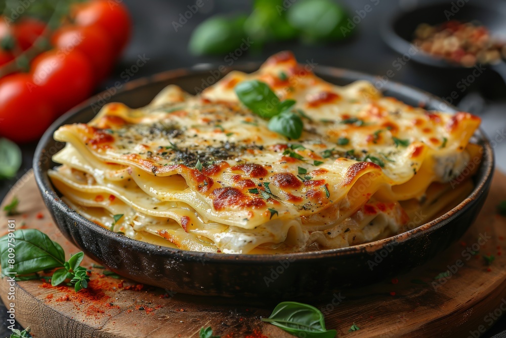 Steamy, fresh out of the oven skillet lasagna with melted cheese on top and herbs sprinkled, ready to serve