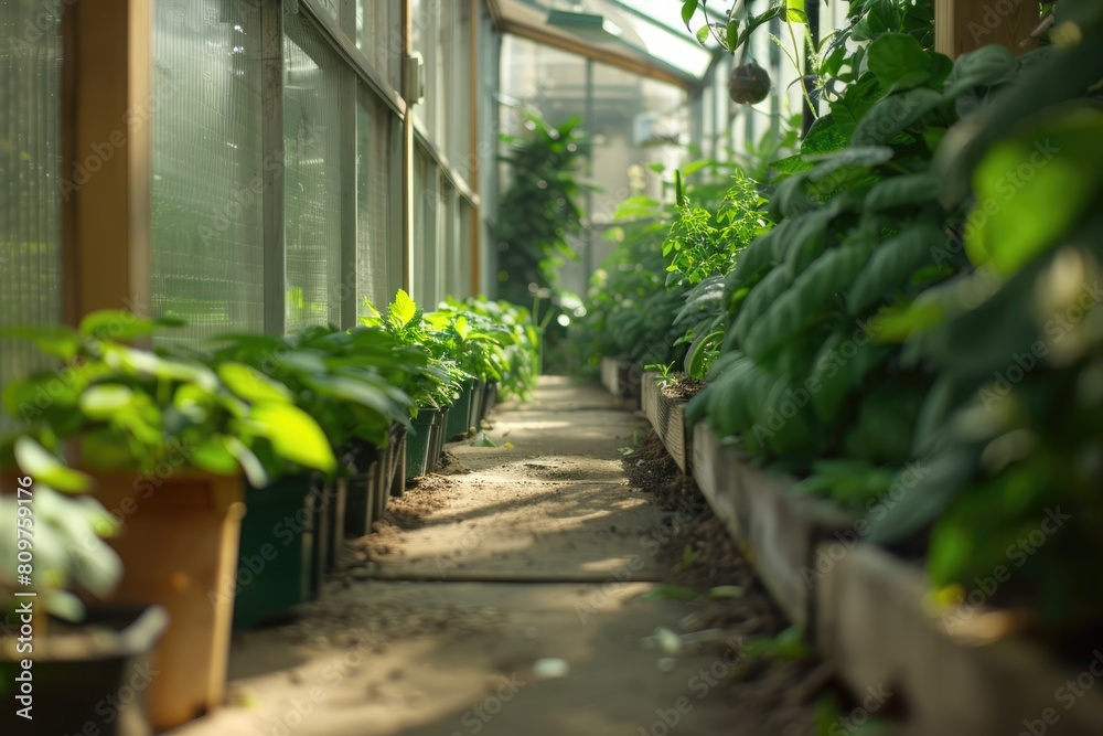 Row of green plants in greenhouse. Seedling nursery. Smart farming, innovative organic agriculture Row of green plants in greenhouse. Seedling nursery. Smart farming, innovative organic agriculture