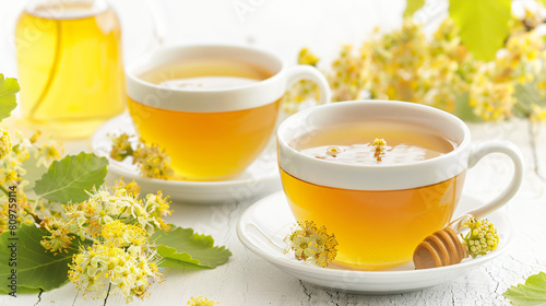 Cups of linden tea and jar with honey on white background