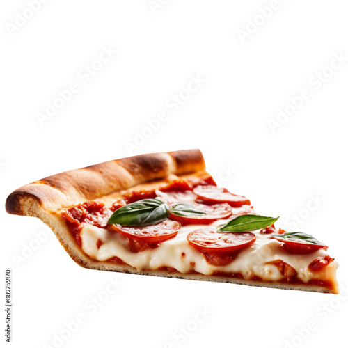 Slice of pizza with pepperoni and cheese on a clear background