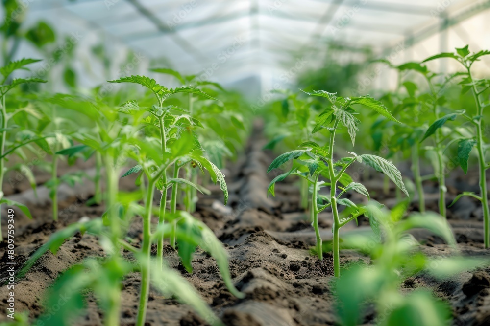 crop seedlings trays in greenhouse. Seedling nursery. Smart farming, innovative organic agriculture