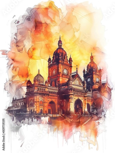 A painting of a large building with a clock tower and a large clock