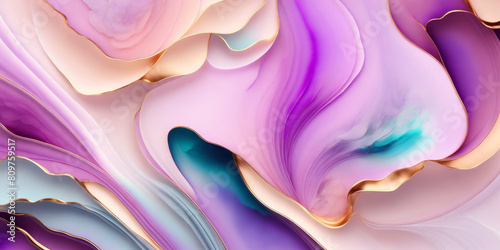 Abstract background waves of alcoholic ink in pink, blue, gold and purple. Generated by AI