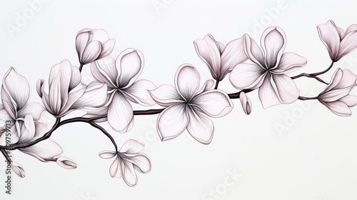 plumeria flowers in the style of drawing a continuous line 