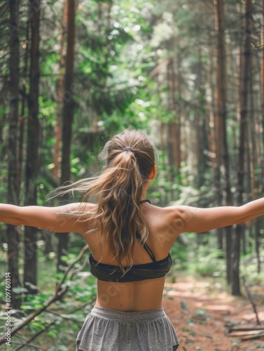 A woman with long hair is standing in a forest, arms outstretched