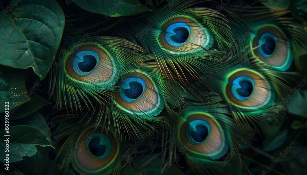 Obraz premium Peacock feathers with moisture droplets background, backing