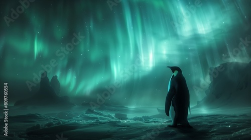 Penguins against the northern lights at the south  north pole