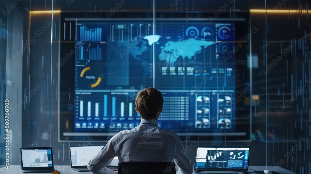 Business Analytics Data Dashboard. A Business Professional in an Office. Business Analytics Data Dashboard. A Business Professional in an Office.