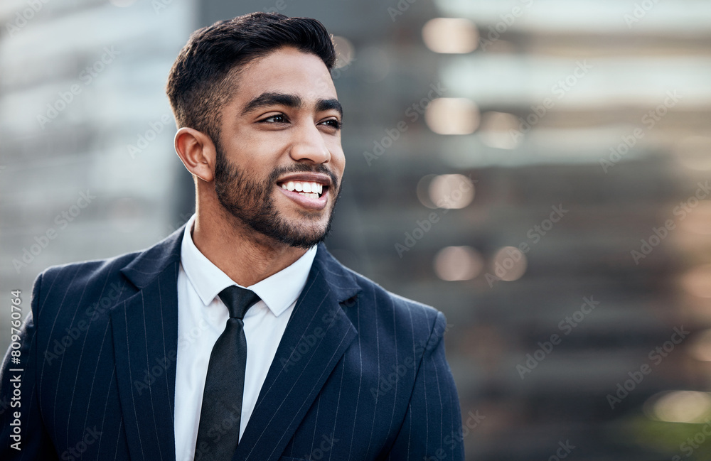 Businessman, smile and thinking with suit on in the city for future, vision and ideas or plan. Happy, male person or corporate employee outdoor in town for job interview, career opportunity or work Businessman, smile and thinking with suit on in the city for future, vision and ideas or plan. Happy, male person or corporate employee outdoor in town for job interview, career opportunity or work
