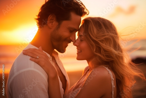 Portrait of calm happy smiling free couple with closed eyes enjoys a beautiful moment life on the beach at sunset