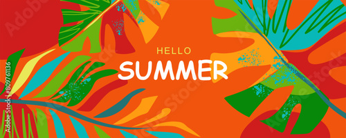 Vector banner with monstera and palm leaves. Summer horizontal background with bright abstract tropical leaves. Template for for sale, horizontal poster, header, cover, social media, fashion ads, othe