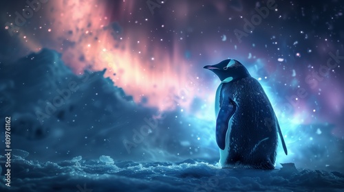 Penguins against the northern lights at the south  north pole
