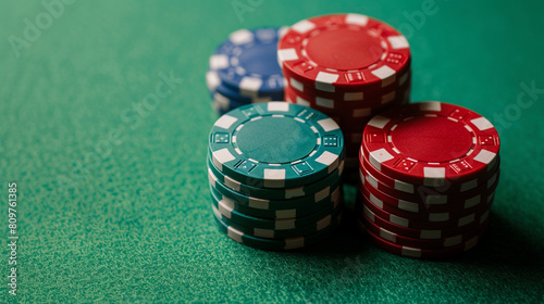 Three Stacks of Poker Chips on Green Table