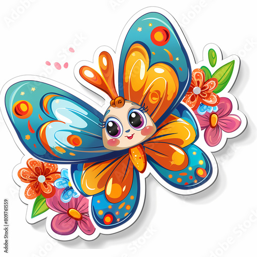 Cute butterfly cartoon on a White Canvas Sticker,vector image