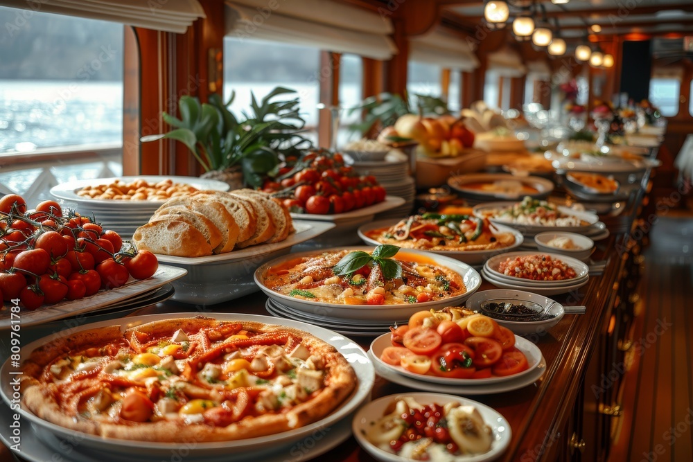 An elegant buffet arrangement on a cruise ship, highlighting a diversity of exquisite food choices against a scenic background An elegant buffet arrangement on a cruise ship, highlighting a diversity of exquisite food choices against a scenic background