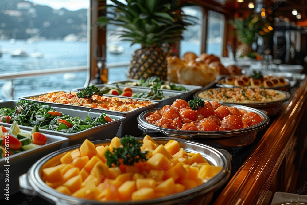 An array of delicious, colorful dishes arranged on a buffet with a focus on variety and presentation, invoking feelings of abundance and celebration An array of delicious, colorful dishes arranged on a buffet with a focus on variety and presentation, invoking feelings of abundance and celebration