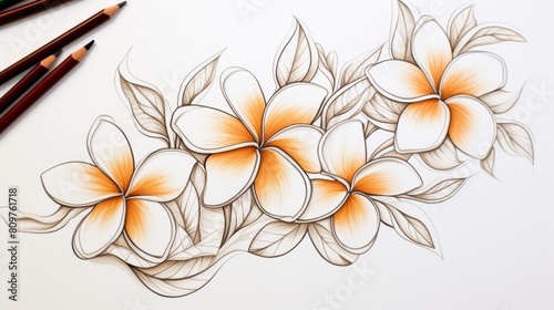 plumeria flowers in the style of drawing a continuous line, sketch