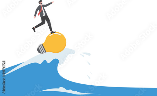 Face crises with vision and knowledge. Businessman surfing the ocean waves with a light bulb

