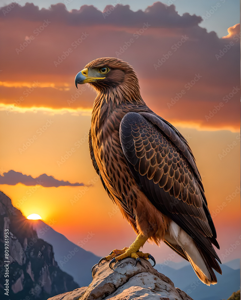 Fototapeta premium Golden Eagle (Aquila chrysaetos) perched on a rock at sunset