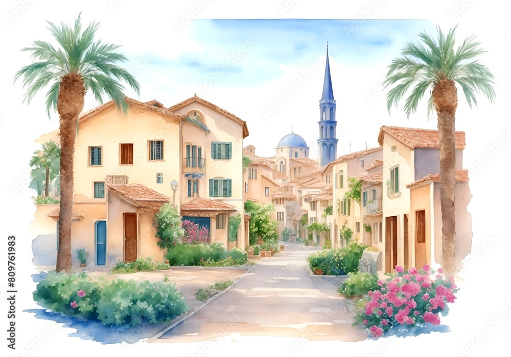 Cyprus Country Landscape Watercolor Illustration Art