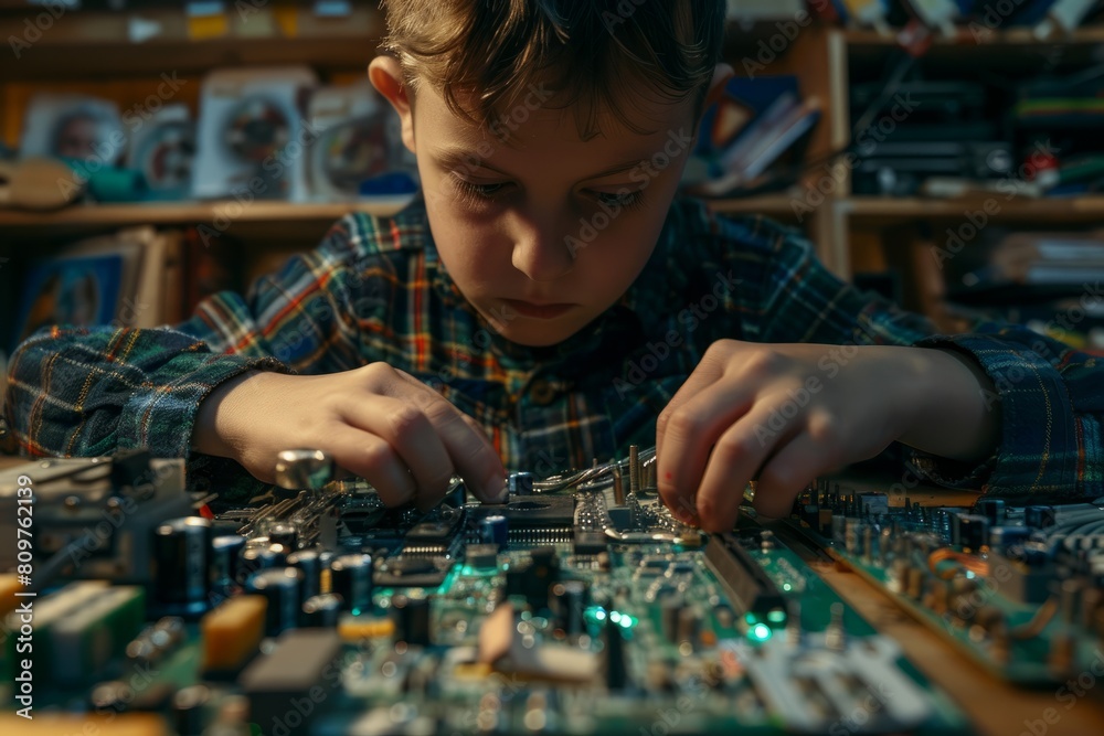 A young boy is intensely focused on assembling a complex electronic project involving a circuit board