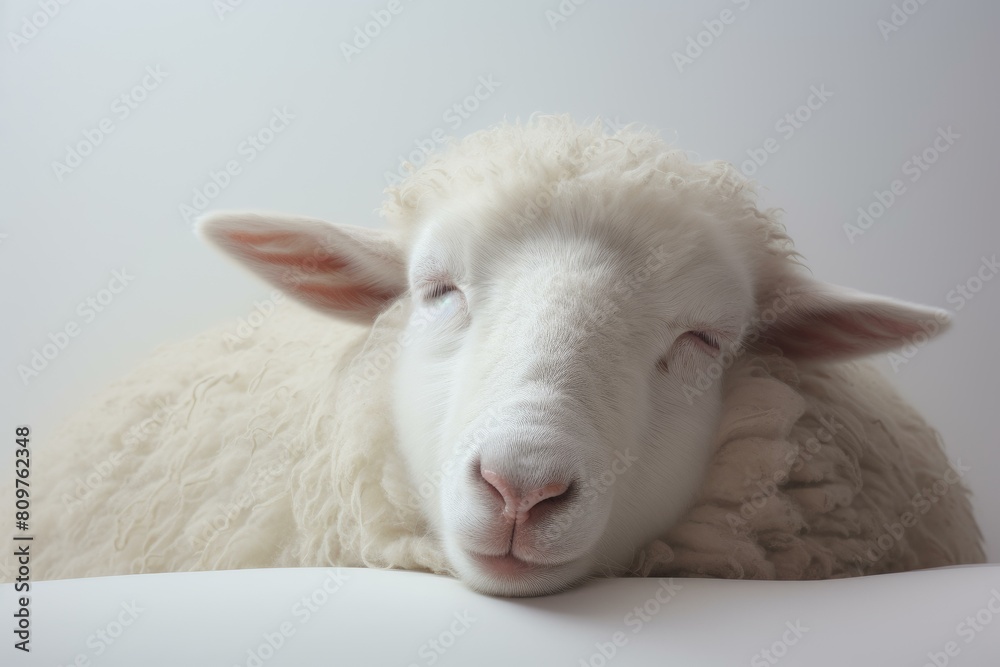 Fototapeta premium Soothing Sheep sleep cloud white. Fun comic lamb snooze wool. Generate Ai