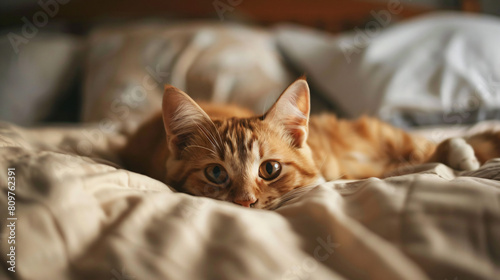 Cute cat on bed at home © Anaya