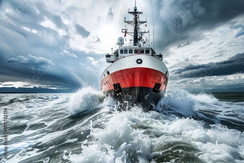 A close-up view of a large red and white coast guard vessel navigating through the ocean waters