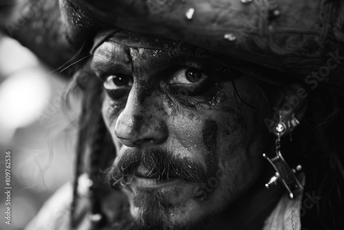 A man with a pirate hat and face paint is staring at the camera