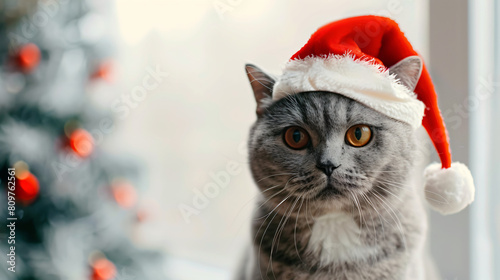 Cute cat wearing Santa Claus hat on white background.
