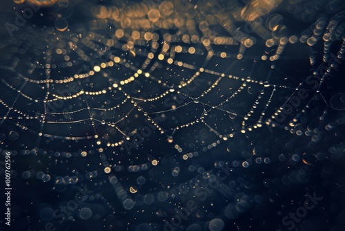 Detailed close up of a spider web with glistening water droplets on a dark backdrop photo