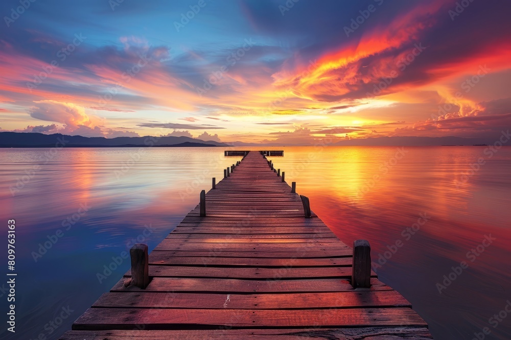 A low-angle view of a wooden dock stretching over the sea during sunset, with vibrant colors reflecting on the water