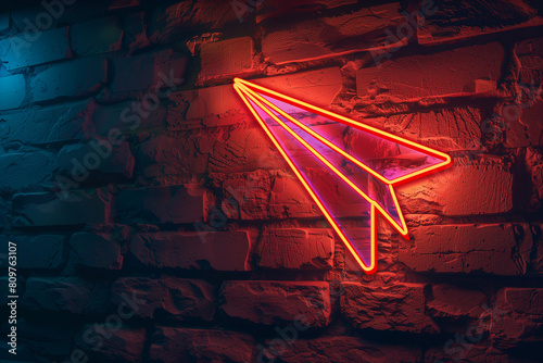 Glowing neon with plane icon on brick wall background, newsletter sending concept photo