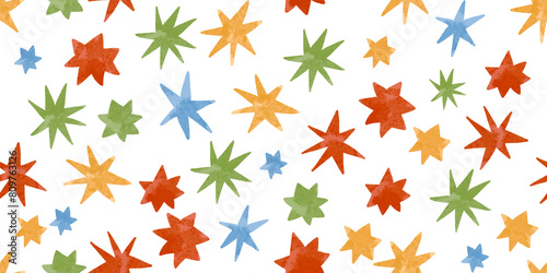 Seamless pattern with cartoon colored stars. Background with sky. Airplane. Hand drawn illustration on isolated background