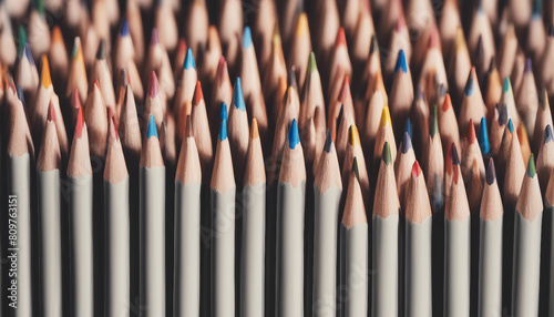 colored pencils lined up next to each other, isolated white background