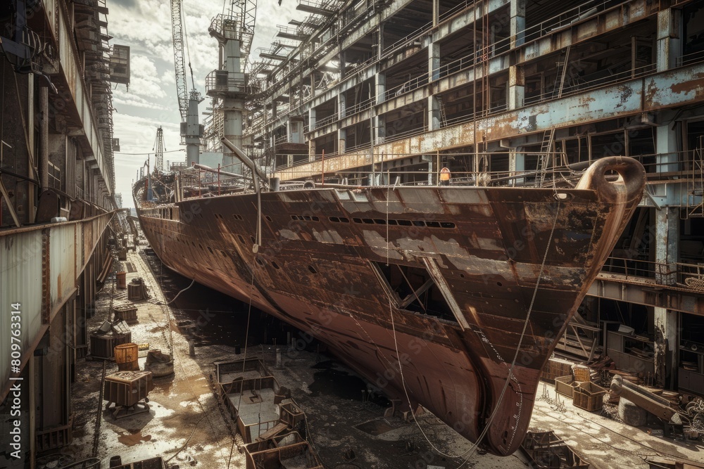 A large ship sits in a busy shipyard next to a building, surrounded by workers and cranes
