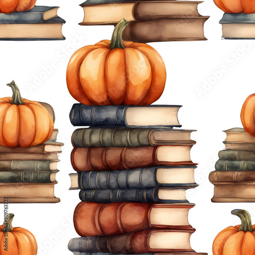 Cute orange pumpkin on top of book in Halloween festival on Transparent background (Png)